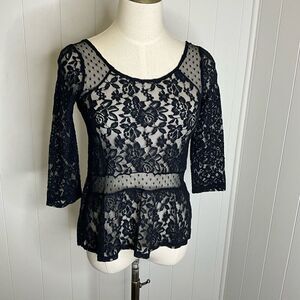 Brand New Hollister Women's XS Black Lace 3/4 Sleeve Shirt Top Sheer